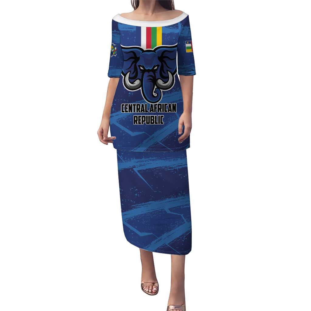Blue off-shoulder football-style long dress with Central African Republic graphic