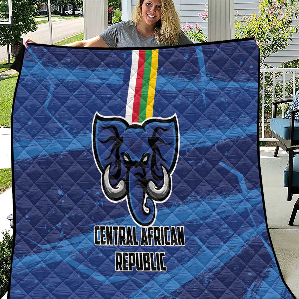 Blue quilt featuring Central African Republic elephant emblem, tricolor stripe, and text