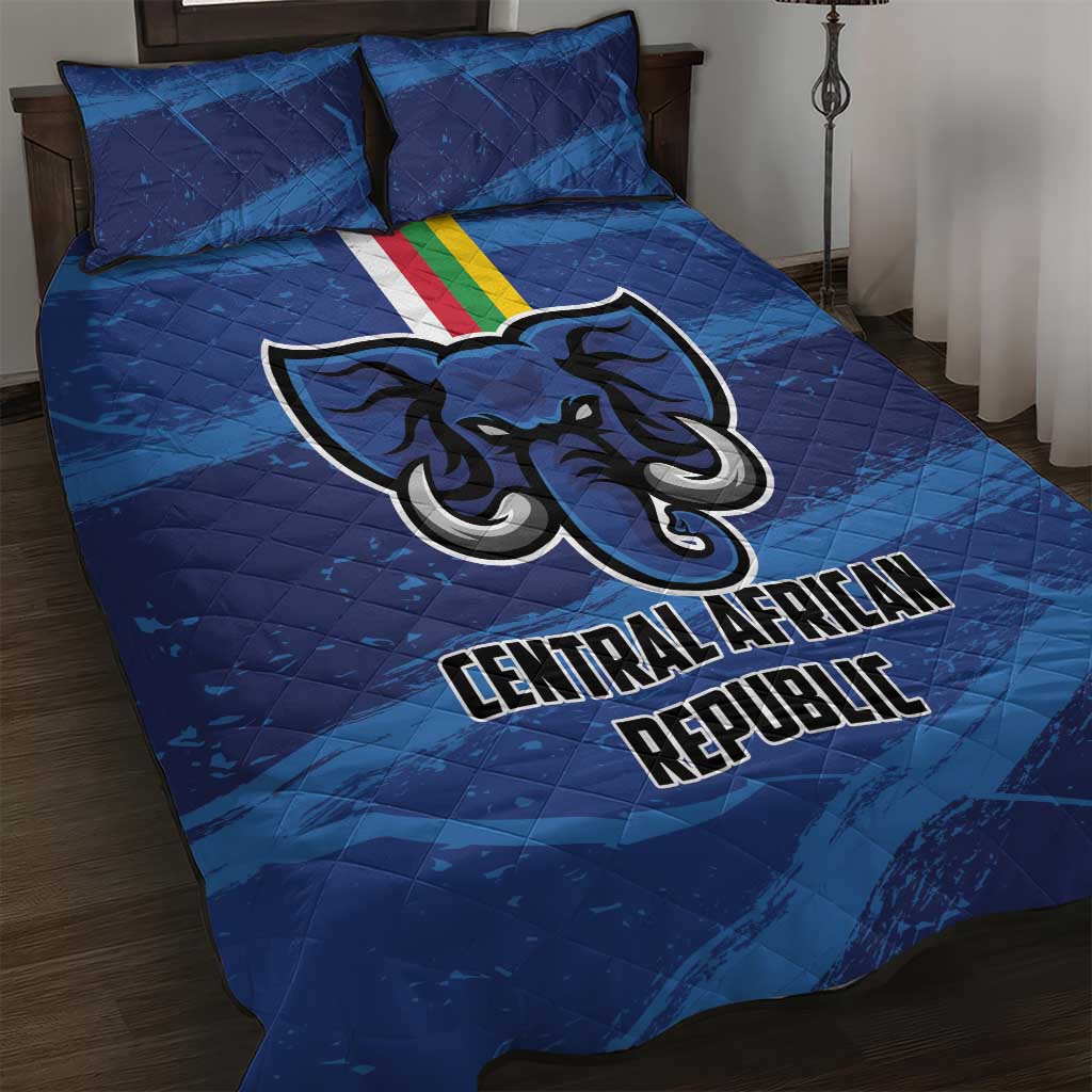 Blue football quilt bed set with Central African Republic elephant logo and flag stripe center