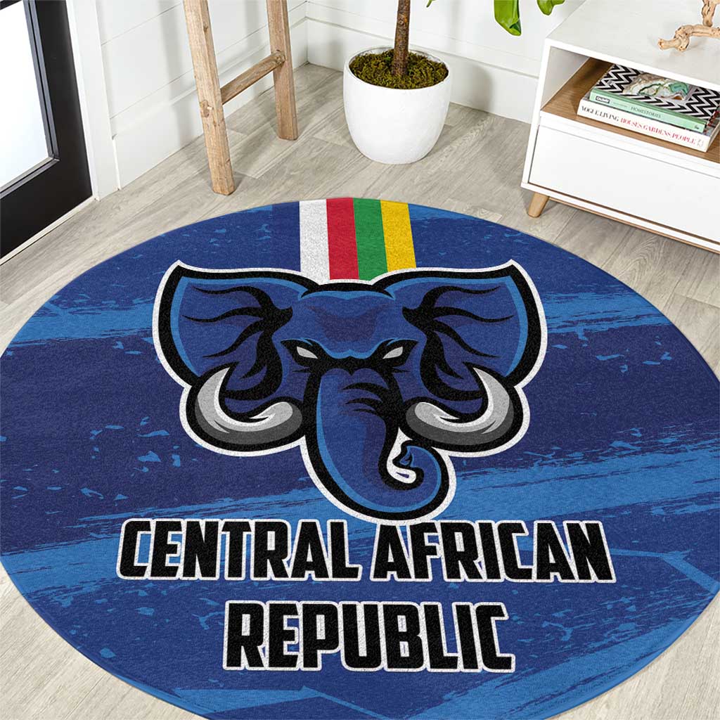 Blue round football carpet with elephant emblem and Central African Republic text