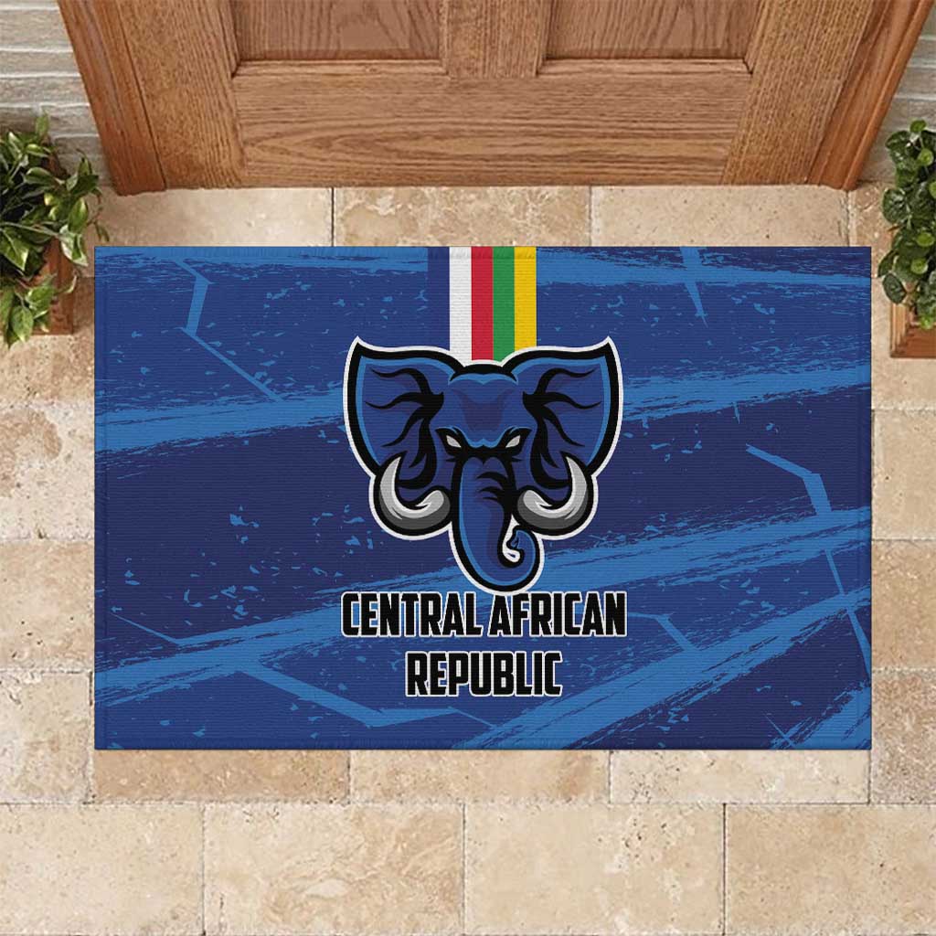 Blue rubber football doormat featuring Central African Republic elephant emblem and title