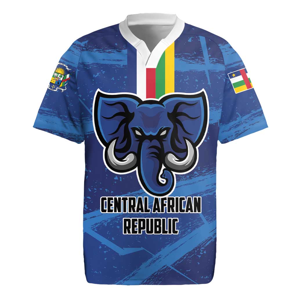Blue Central African Republic football rugby jersey with elephant crest and “CENTRAL AFRICAN REPUBLIC”