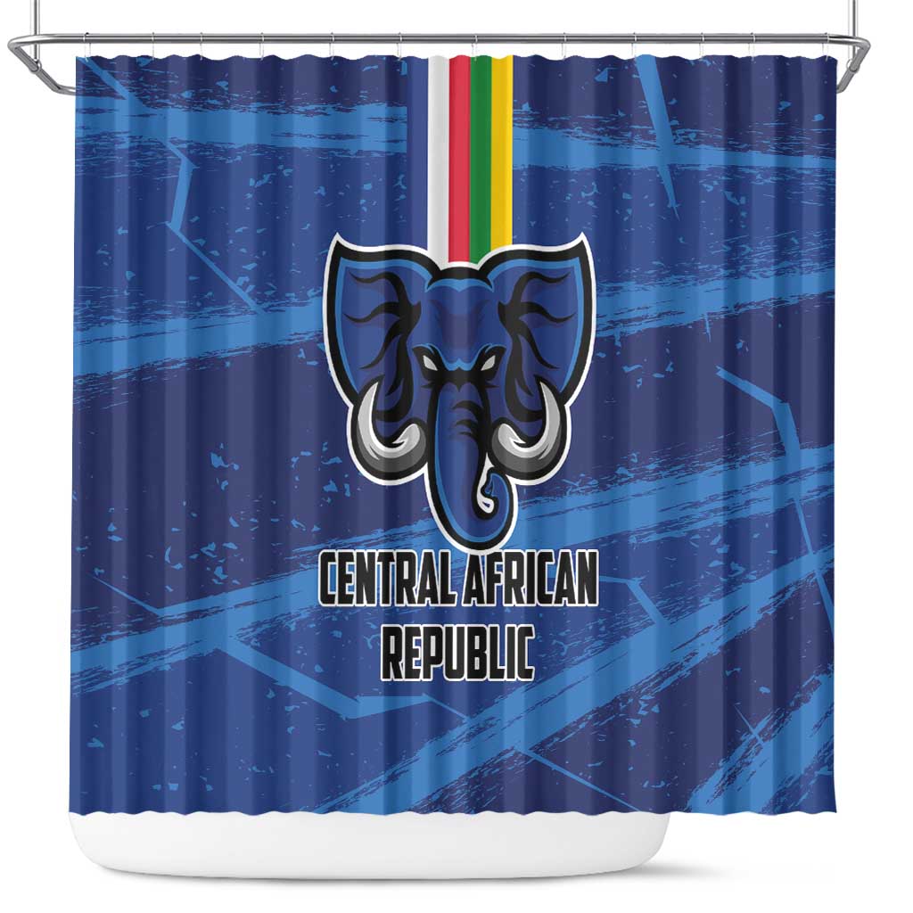 Blue football shower curtain with Central African Republic crest and rainbow vertical stripes