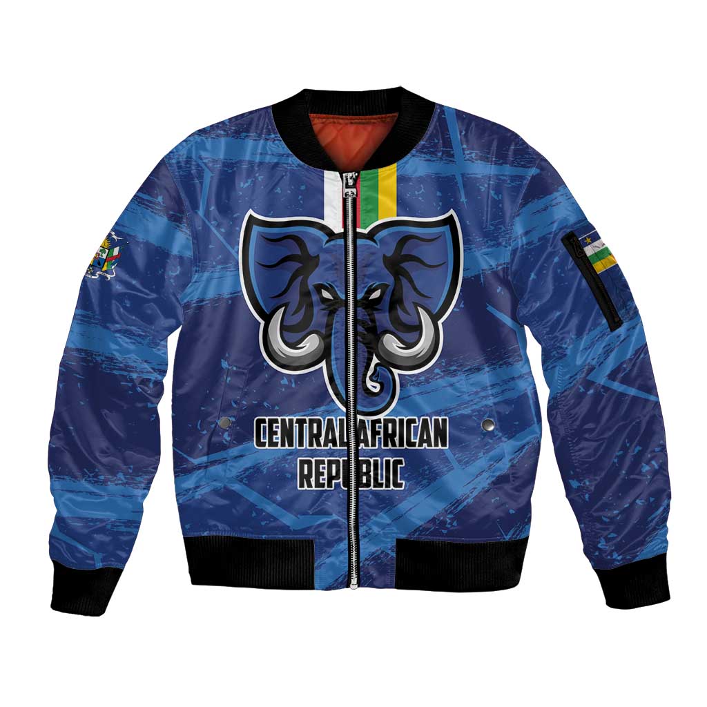 Blue zip-up bomber jacket with front crest graphic and ribbed black collar cuffs