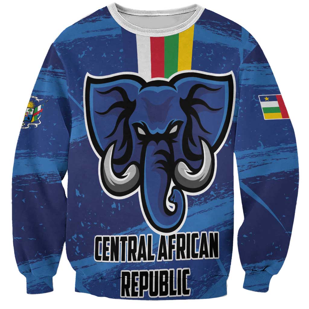 Blue sweatshirt with elephant crest and 'CENTRAL AFRICAN REPUBLIC' graphic