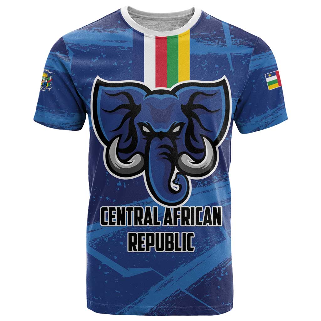 Blue football T-shirt with Central African Republic graphic and elephant logo on front