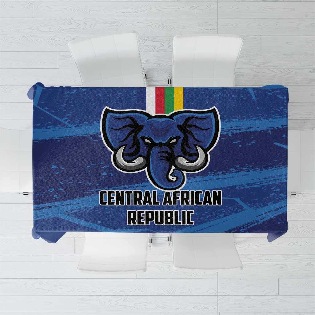 Blue football-style tablecloth with Central African Republic crest and elephant graphic