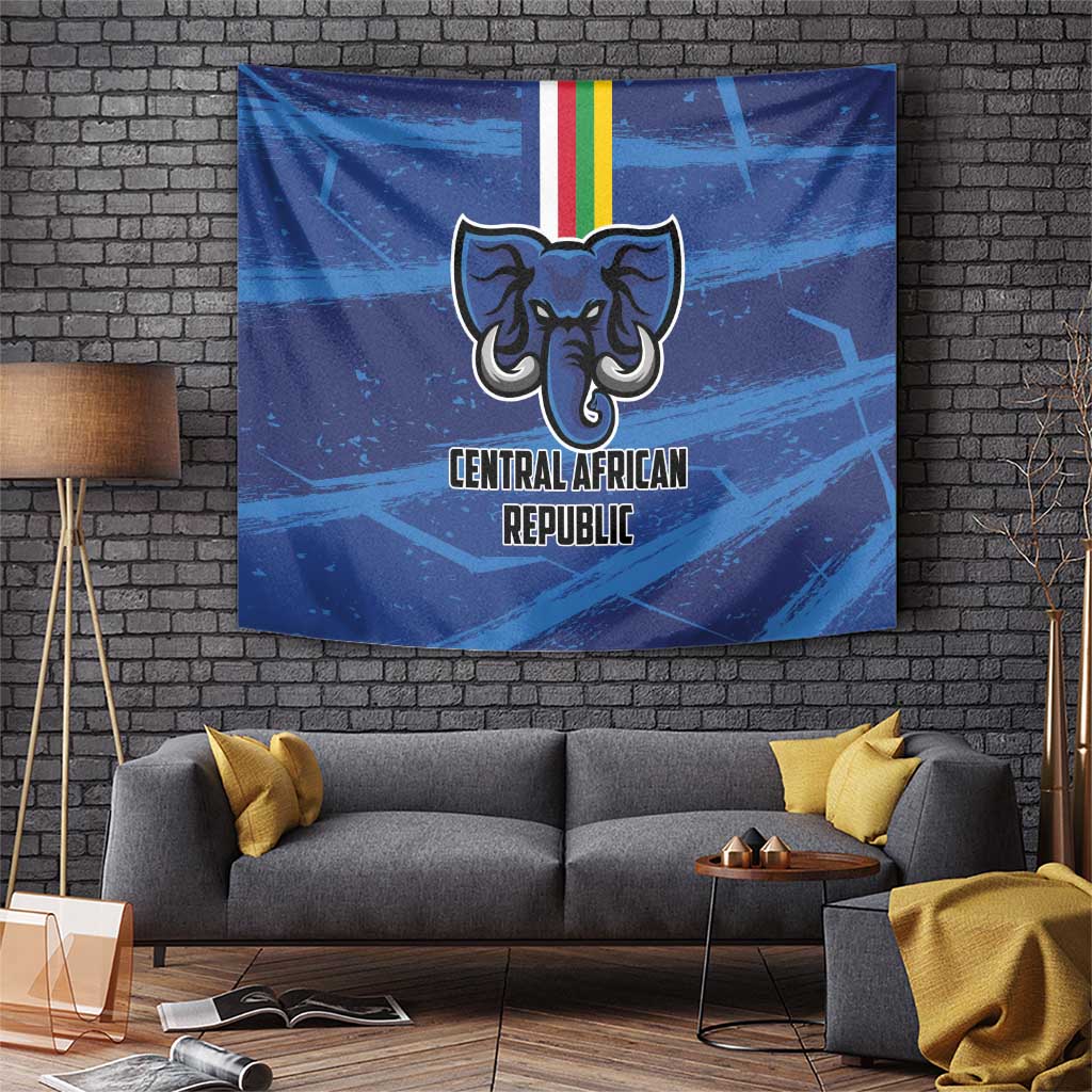 Blue football tapestry with elephant emblem and Central African Republic lettering beneath a rainbow stripe