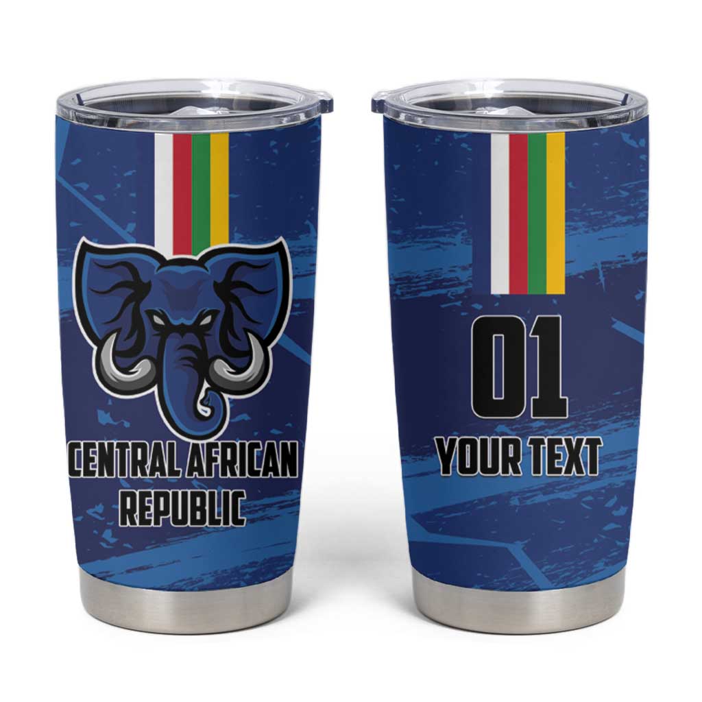 Blue insulated tumbler with flag stripes, elephant logo, and clear lid