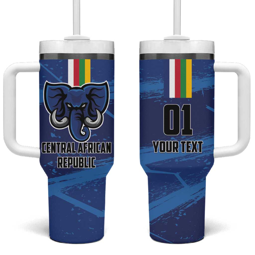 Blue football tumbler with handle, straw, Central African Republic emblem and text
