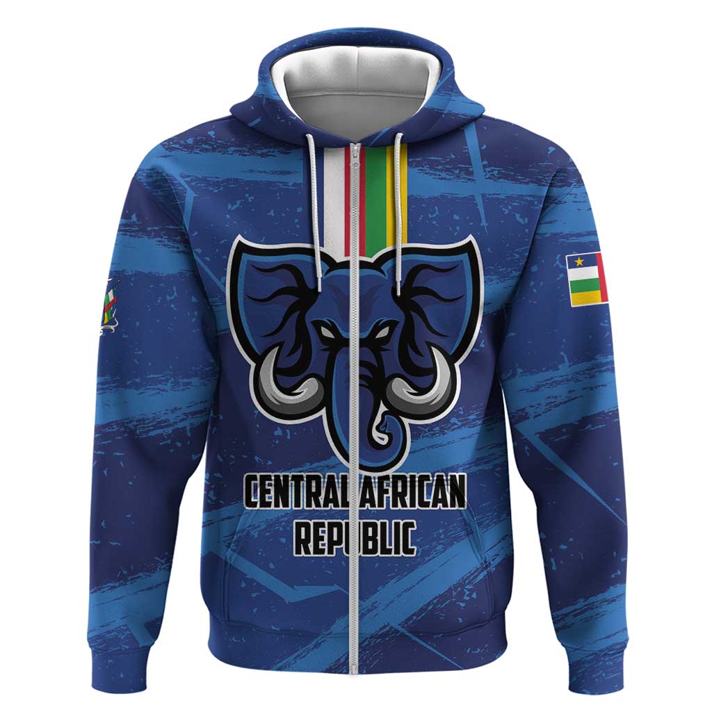 Blue zip hoodie with animal emblem, tricolor hood stripe, and Central African Republic print
