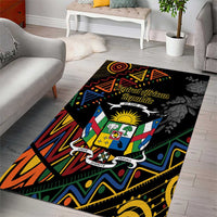 Rectangular black area rug with Central African Republic graphic, sun emblem, and zigzag trim