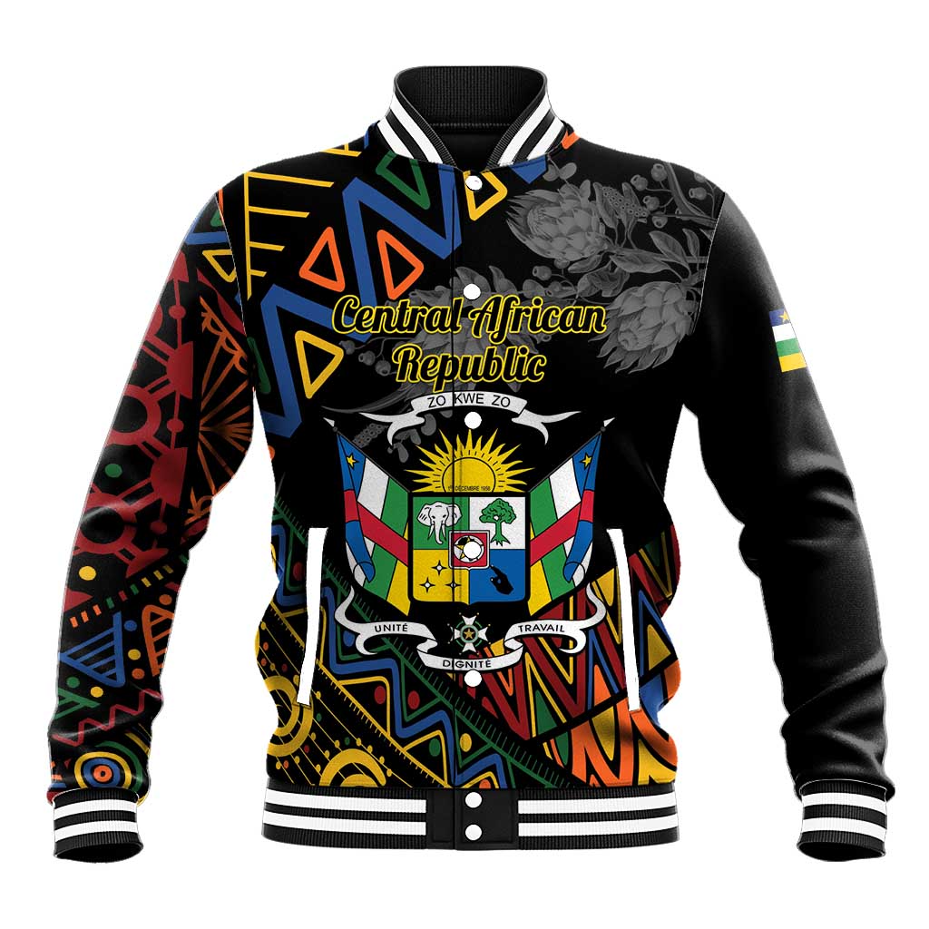 Black baseball jacket with Central African Republic crest and colorful geometric pattern