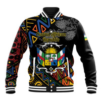 Black baseball jacket with Central African Republic crest and colorful geometric pattern