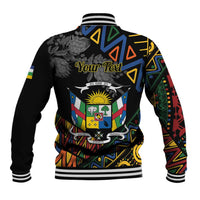 Black baseball jacket with Your Text banner, flag crest, and colorful geometric pattern
