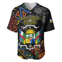 Black baseball jersey with Central African Republic crest and colorful African pattern