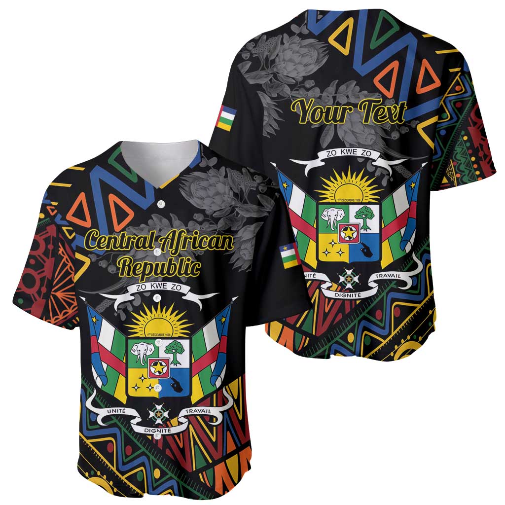Black baseball jersey with customizable 'Your Text' and colorful African geometric pattern