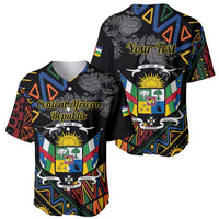 Black baseball jersey with customizable 'Your Text' and colorful African geometric pattern