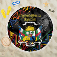 Black beach blanket with Central African Republic emblem and colorful geometric border, fringe