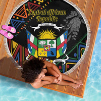 Round black beach blanket with Central African Republic emblem, colorful pattern, white fringe