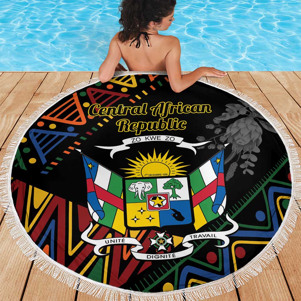 Round beach blanket, black with Central African Republic crest and colorful graphic border, fringe