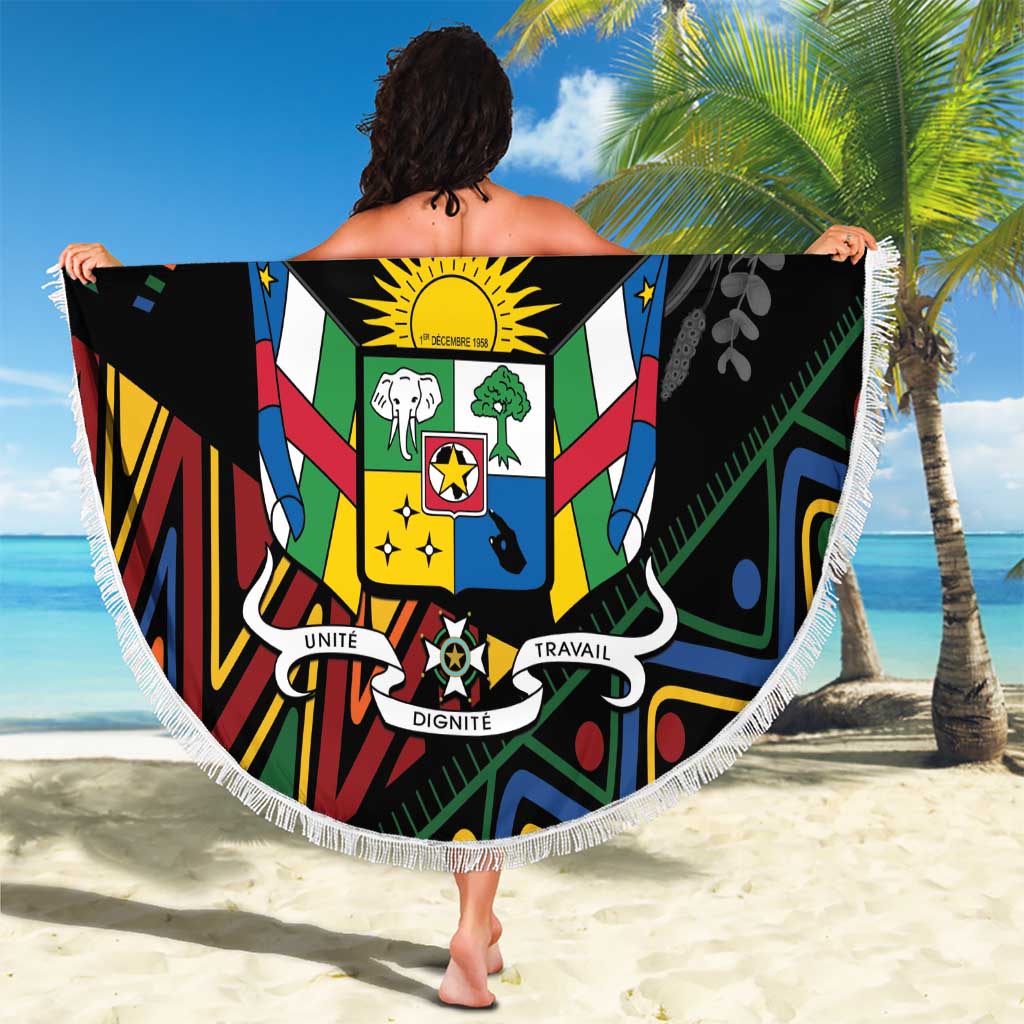 Black round beach blanket with Central African Republic crest, colorful shapes, white tassel fringe