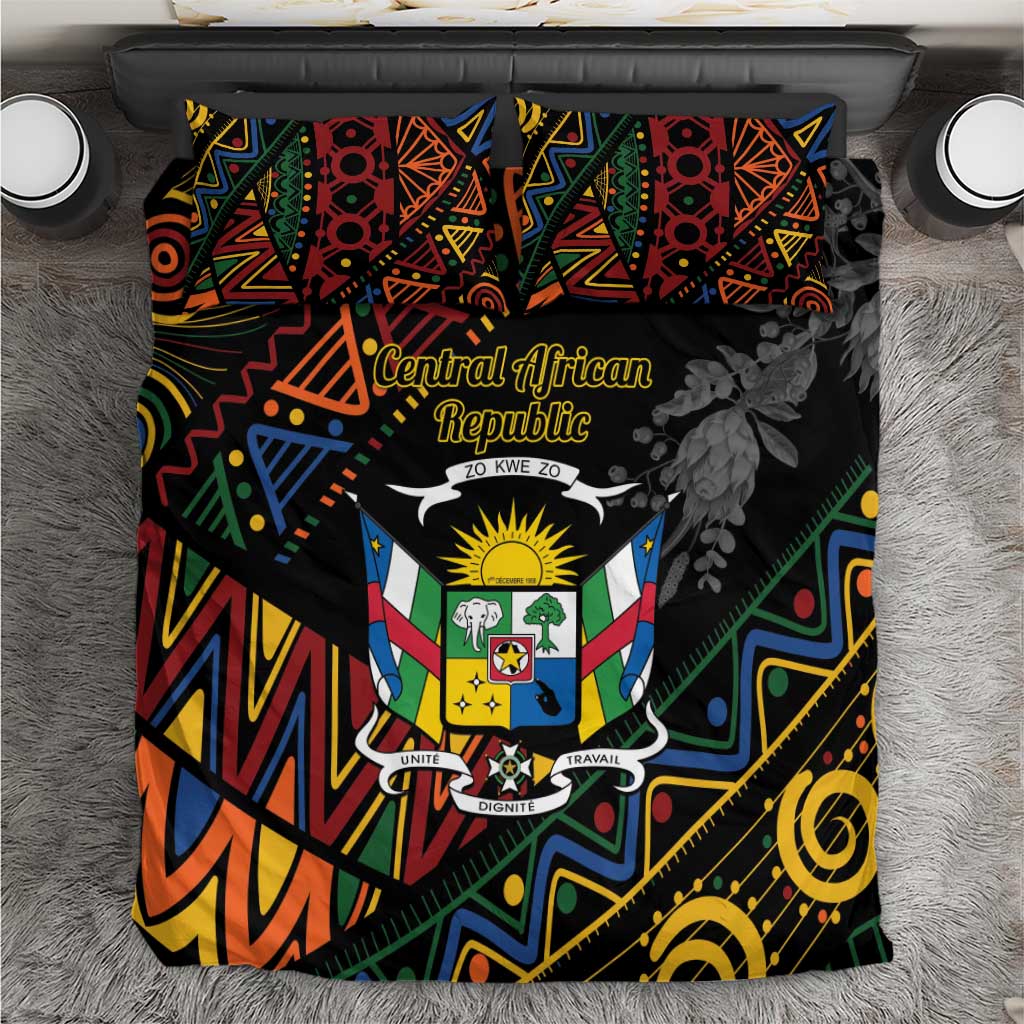 Black bedding set with colorful geometric African shield pattern and floral accents