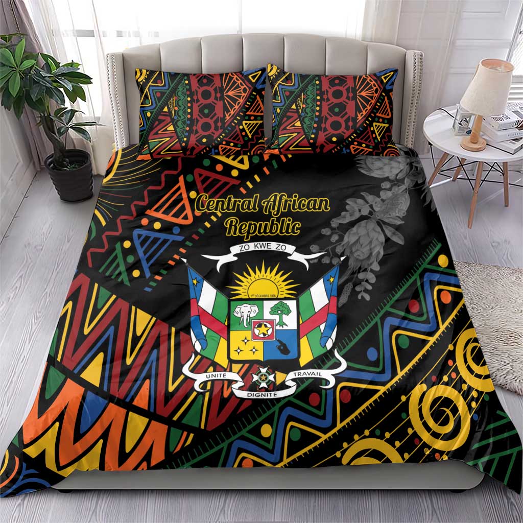 Black bedding set with colorful geometric African pattern and two matching pillow shams