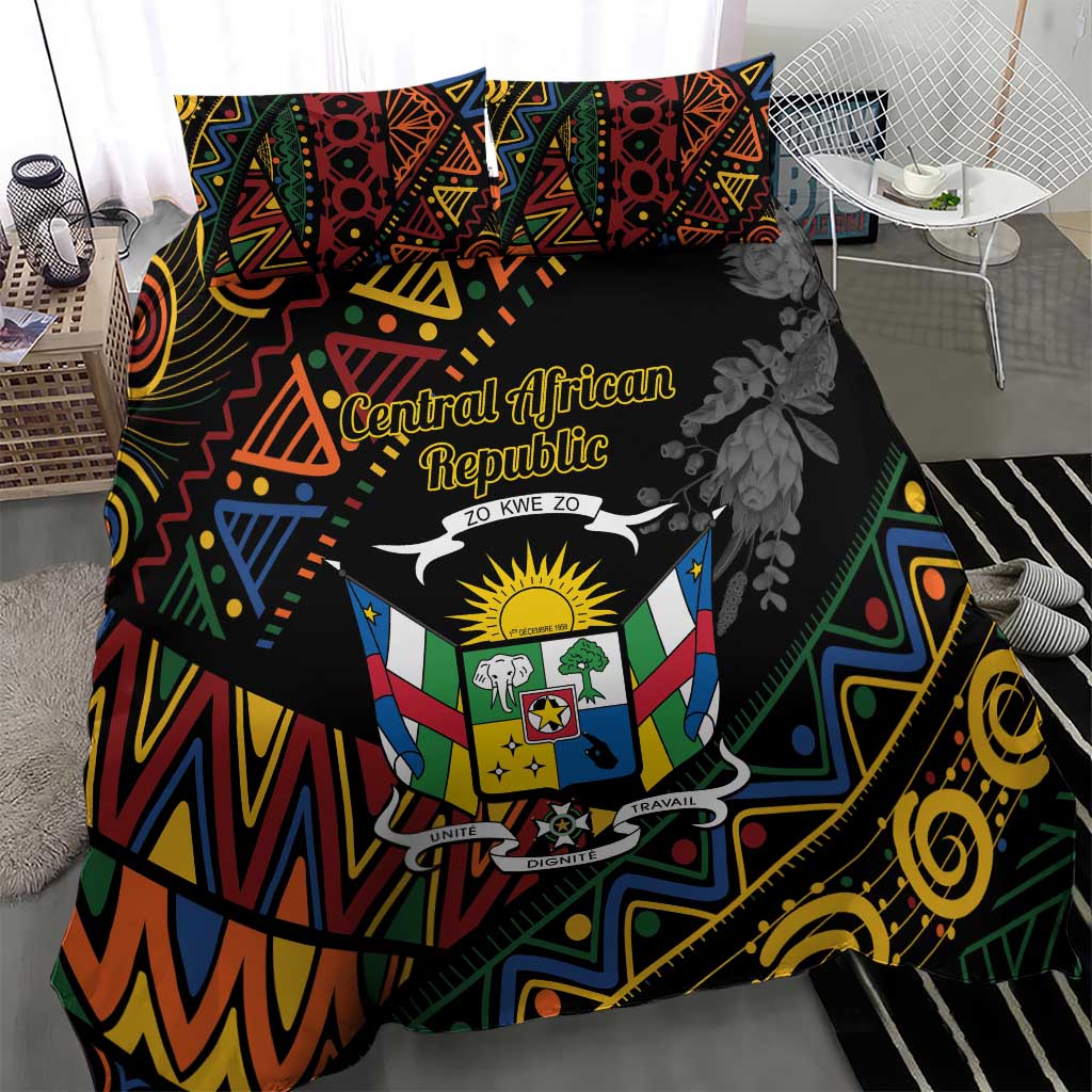 Black duvet and pillow shams with colorful geometric African pattern and flower motif