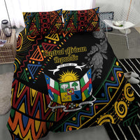 Black duvet and pillow shams with colorful geometric African pattern and flower motif