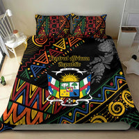 Black bedding set with colorful Central African emblem design and matching pillow shams
