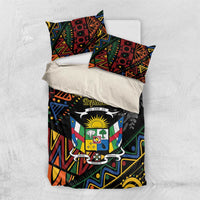 Black bedding set with two pillow shams and colorful geometric African pattern on duvet