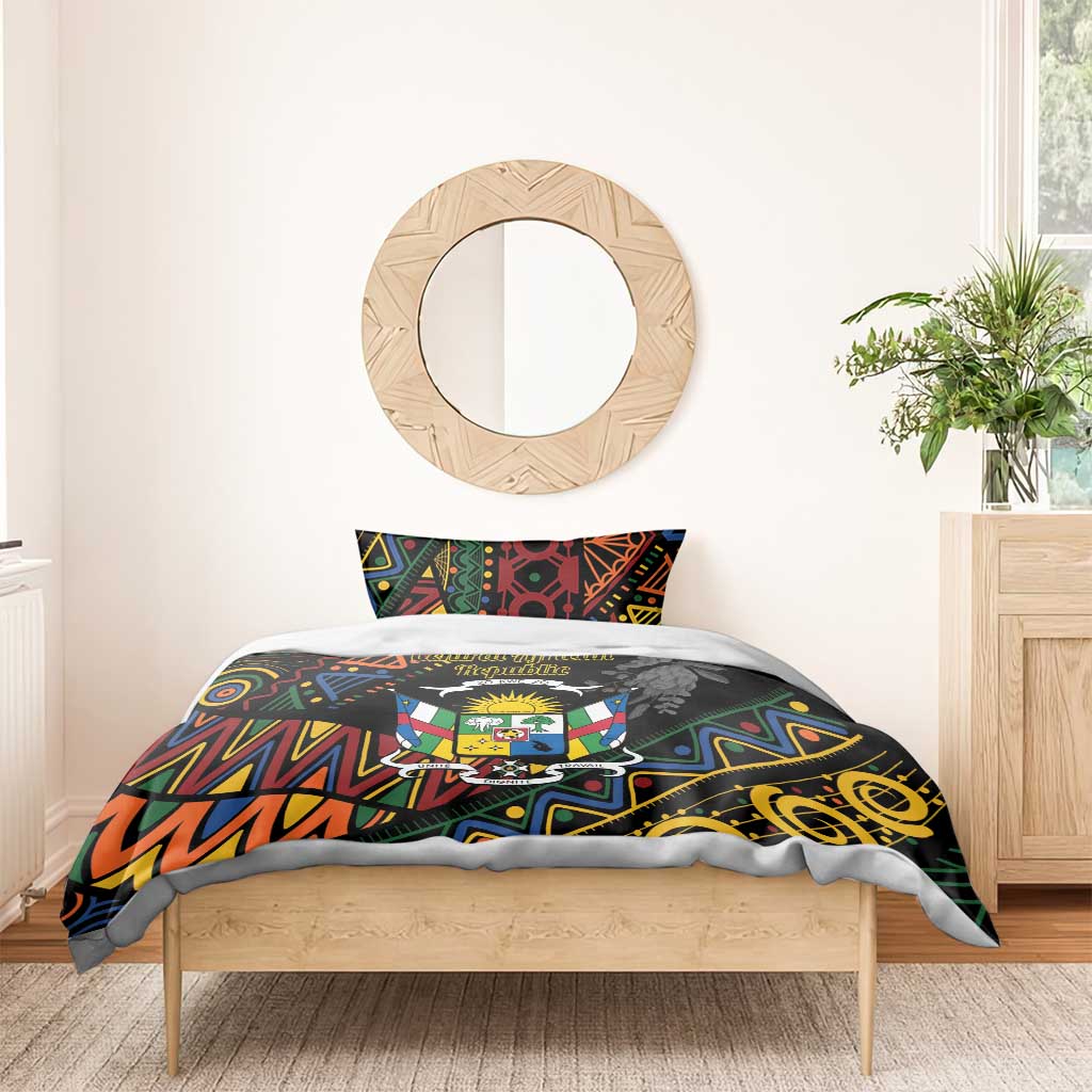 Black bedding set with colorful geometric African emblem design on duvet and pillows