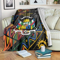Black patterned throw blanket with Central African Republic crest and ornate graphics