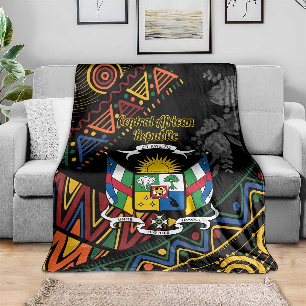 Black Central African Republic blanket featuring colorful shield emblem and geometric trim
