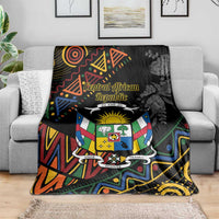 Black Central African Republic blanket featuring colorful shield emblem and geometric trim