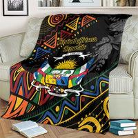 Black throw blanket with colorful Central African Republic emblem and bold swirled borders