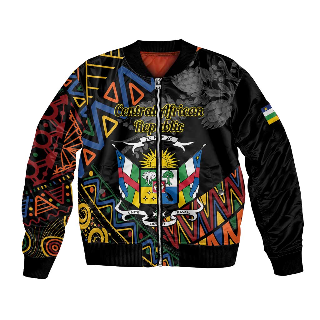 Black bomber jacket with Central African Republic crest and colorful geometric pattern