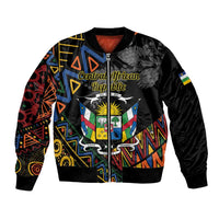 Black bomber jacket with Central African Republic crest and colorful geometric pattern
