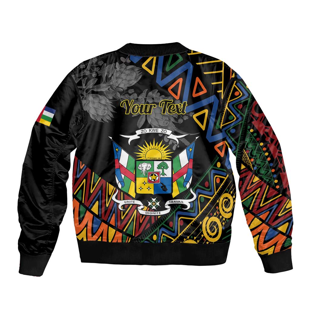 Black bomber jacket back with “Your Text”, Central African crest, and colorful geometric graphics
