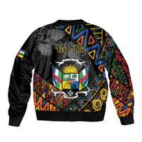 Black bomber jacket back with “Your Text”, Central African crest, and colorful geometric graphics