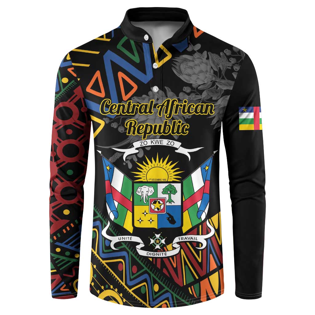 Black button sweatshirt with Central African Republic graphic and colorful geometric sleeve pattern