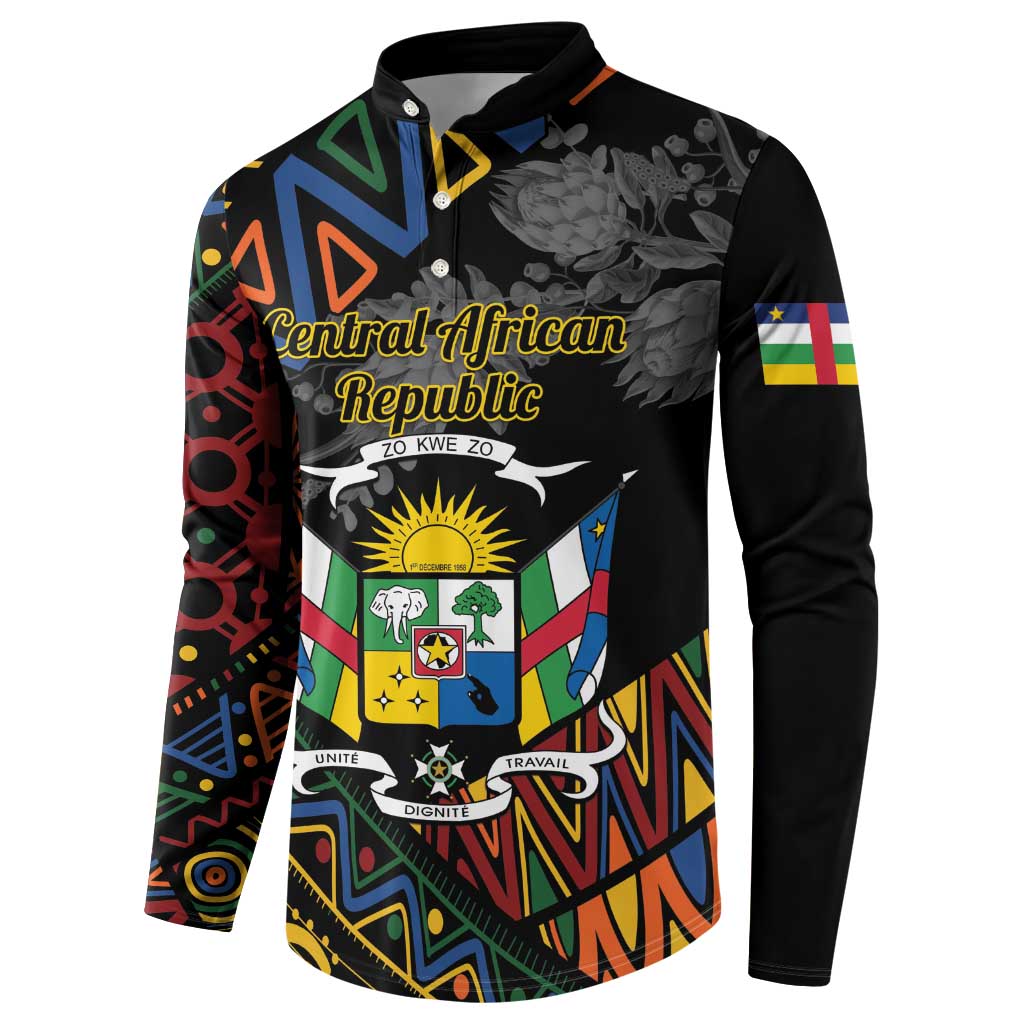 Black button sweatshirt, Central African Republic crest graphic with flag details on sleeves