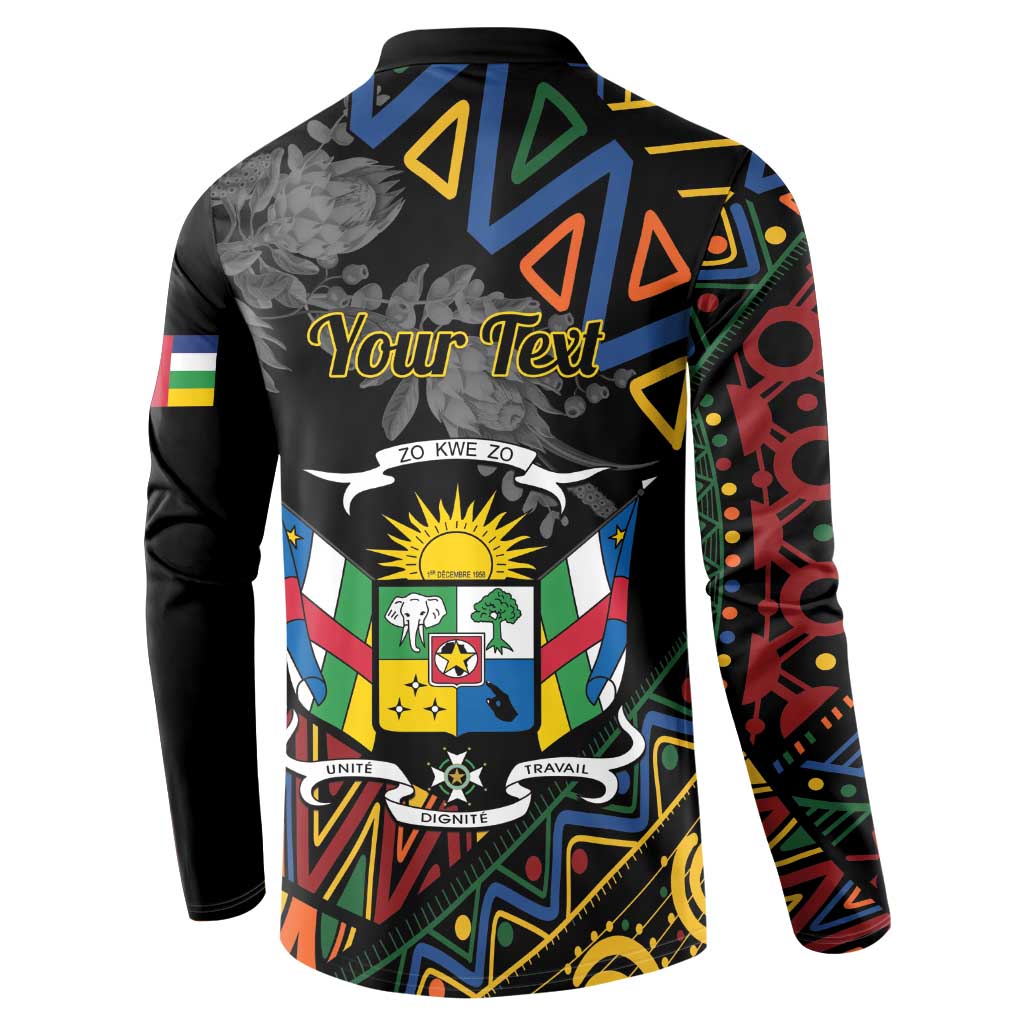 Black button sweatshirt back with Your Text, floral crest and colorful geometric accents