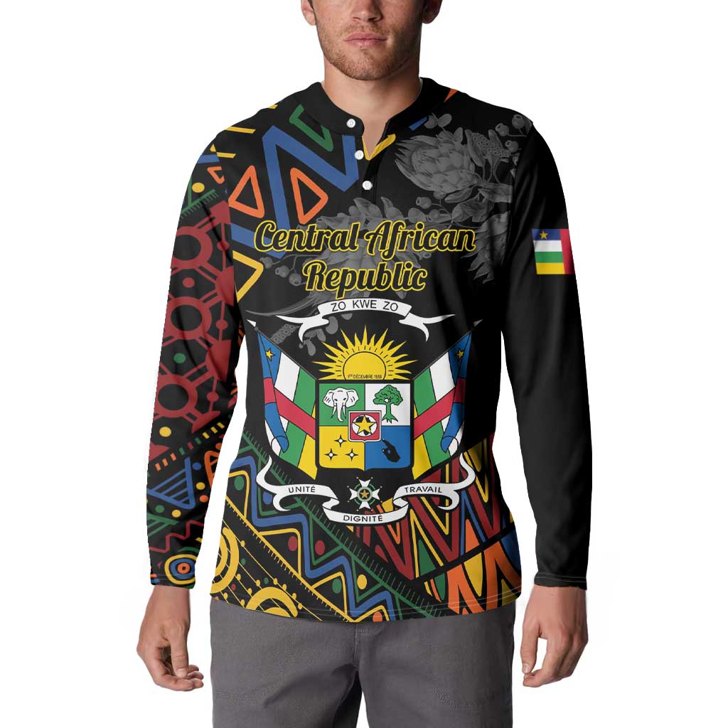 Black button sweatshirt on model: Central African Republic crest front graphic