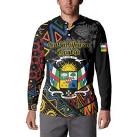 Black button sweatshirt on model: Central African Republic crest front graphic