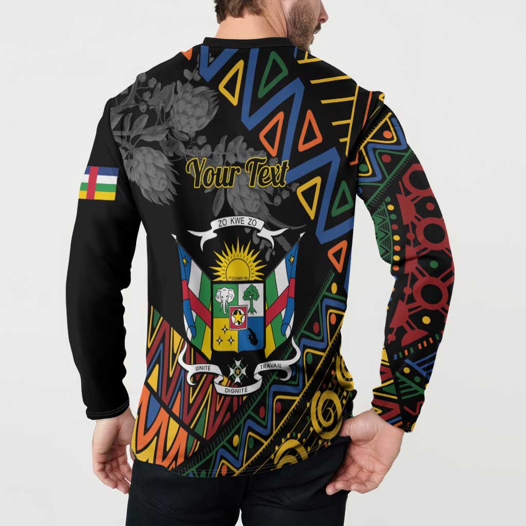 Black button sweatshirt on model: Your Text back graphic with colorful pattern