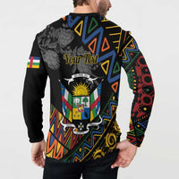 Black button sweatshirt on model: Your Text back graphic with colorful pattern