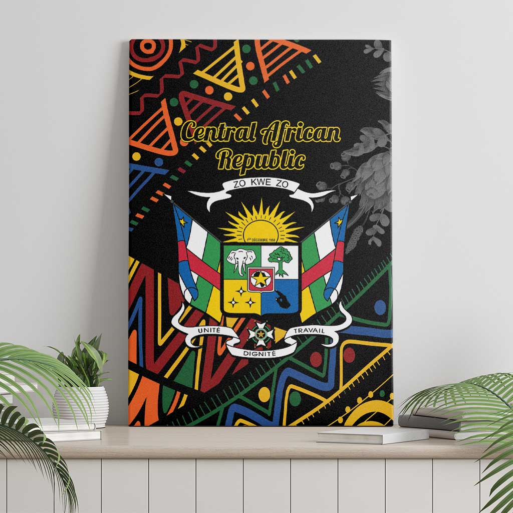 Black canvas wall art featuring the Central African Republic crest with bold decorative shapes