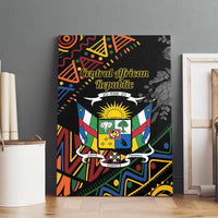 Black canvas wall art with Central African Republic text, emblem, and colorful abstract motifs